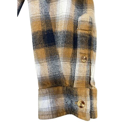 OBEY WORLDWIDE Flannel Shirt Women's Small Tan Blue Cropped Raw Hem Grunge Punk - Picture 4 of 12